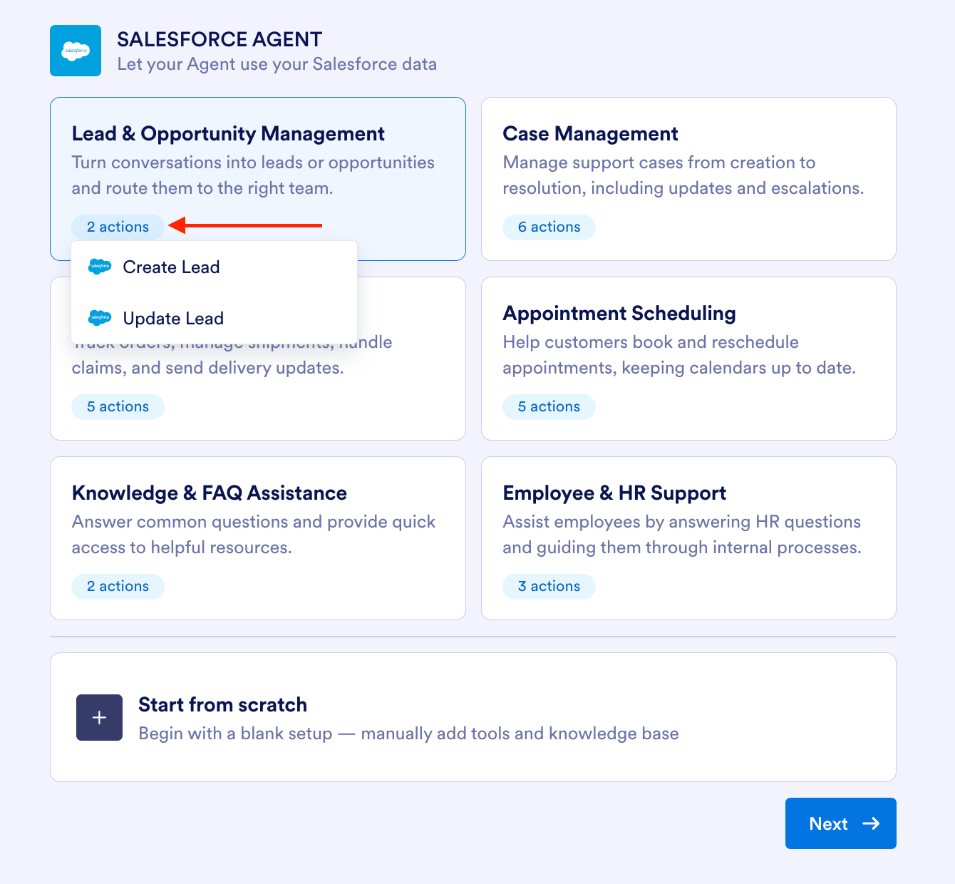 Viewing the actions under the Lead & Opportunity Management option on the Salesforce Agent page