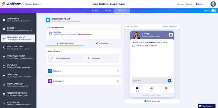 Clicking on the test email on the Connected Account section on the Salesforce Agent page