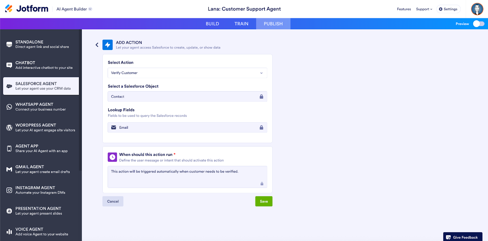 Viewing an example action on the Add Action page