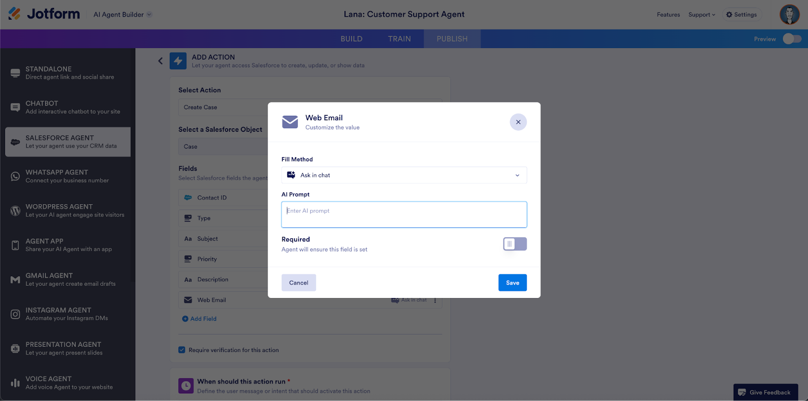 Selecting "Ask in chat" option under the Fill Method dropdown on the Web Email window