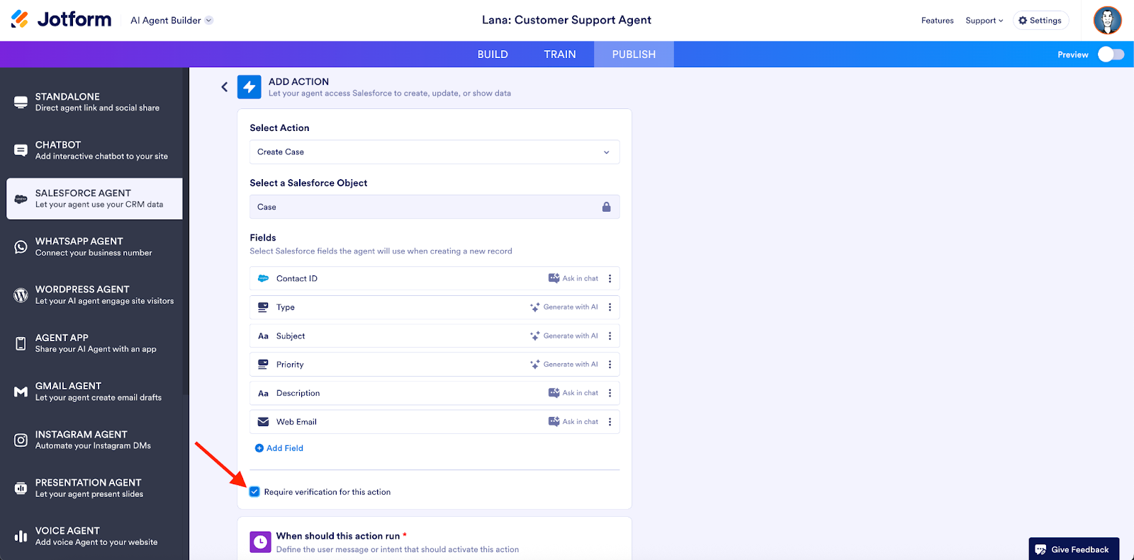 Checking the "Require verfication for this action" box on the Add Action page