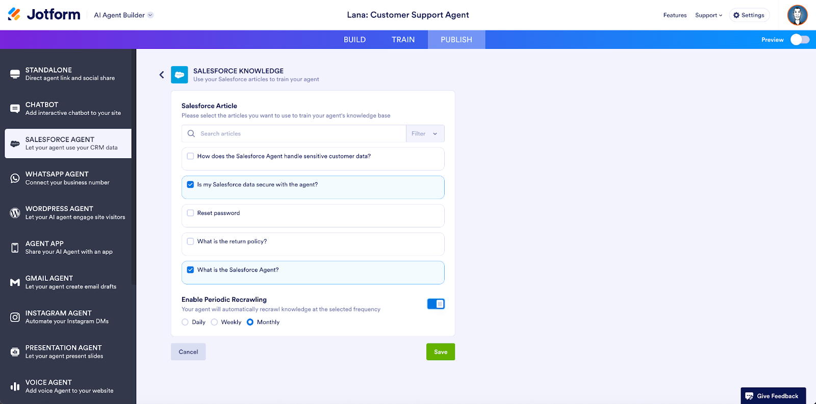 Viewing the Salesforce Knowledge page on the Agent Builder