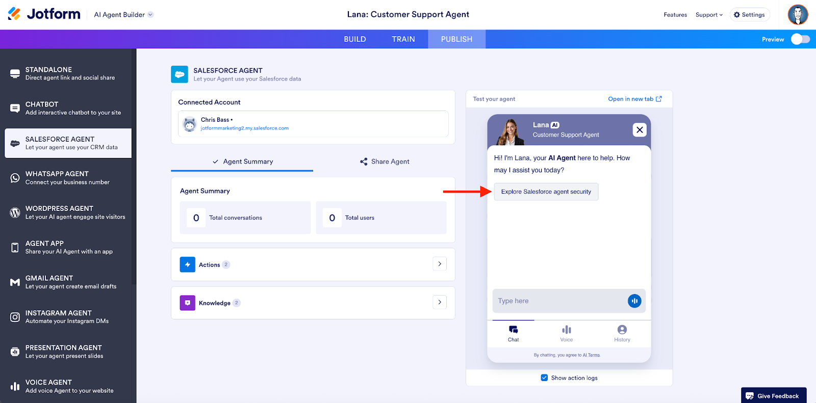 Vieweing the "Explore Salesforce agent security" option that the agent draws upon