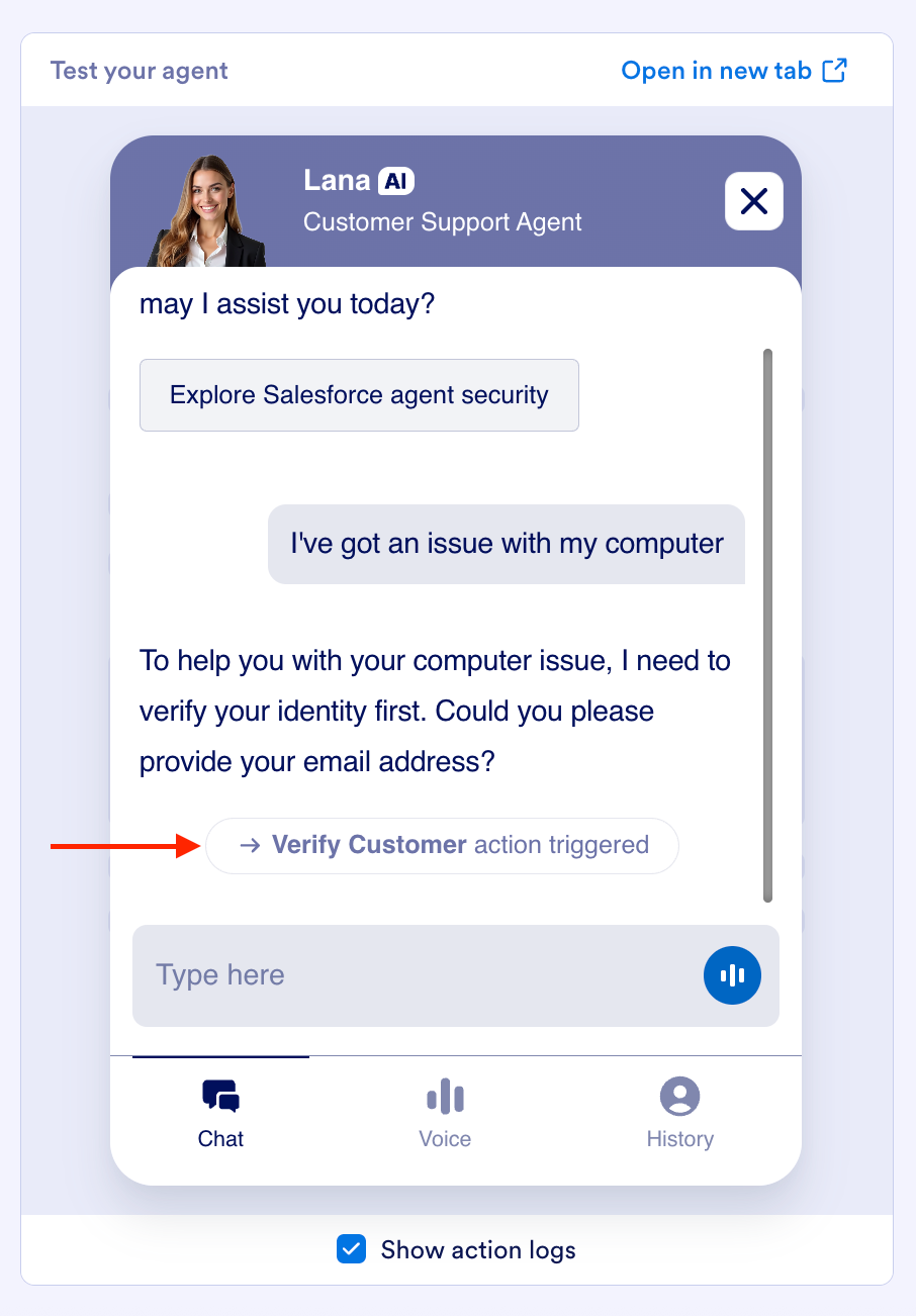 Viewing the "Verify Customer action triggered" button on the Test your agent field