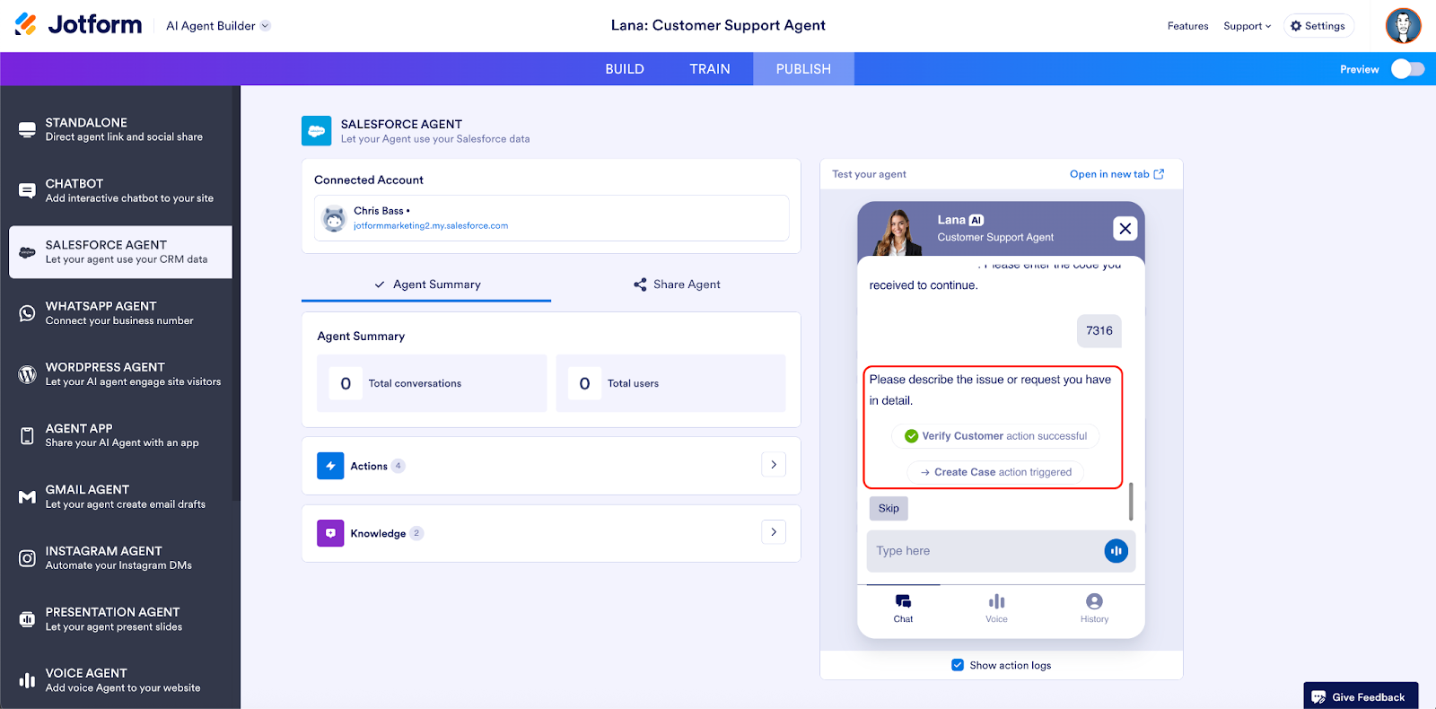 Entering the requested code and viewing the Create Case action on the Test your agent field