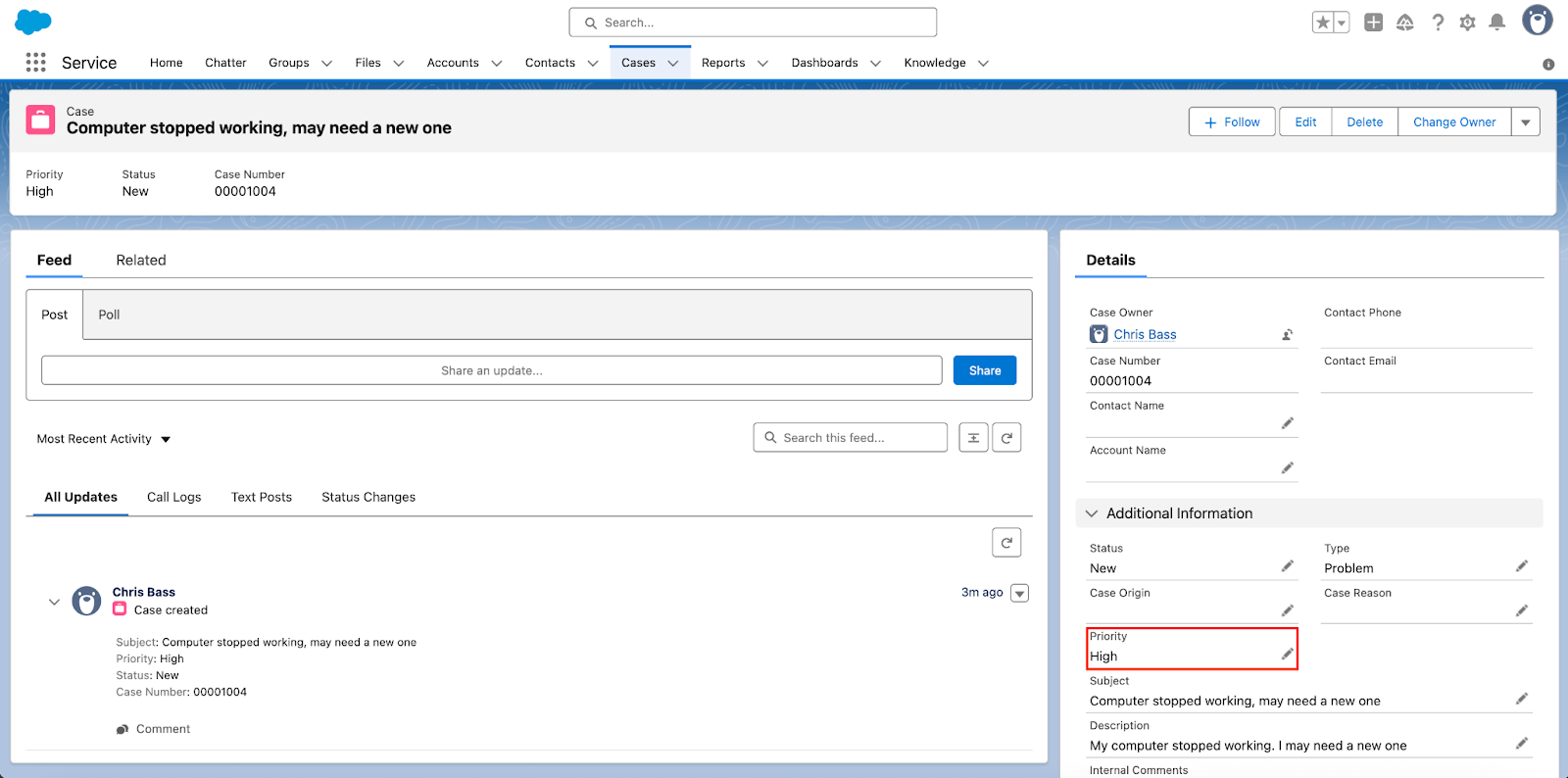 Viewing the created case in Salesforce