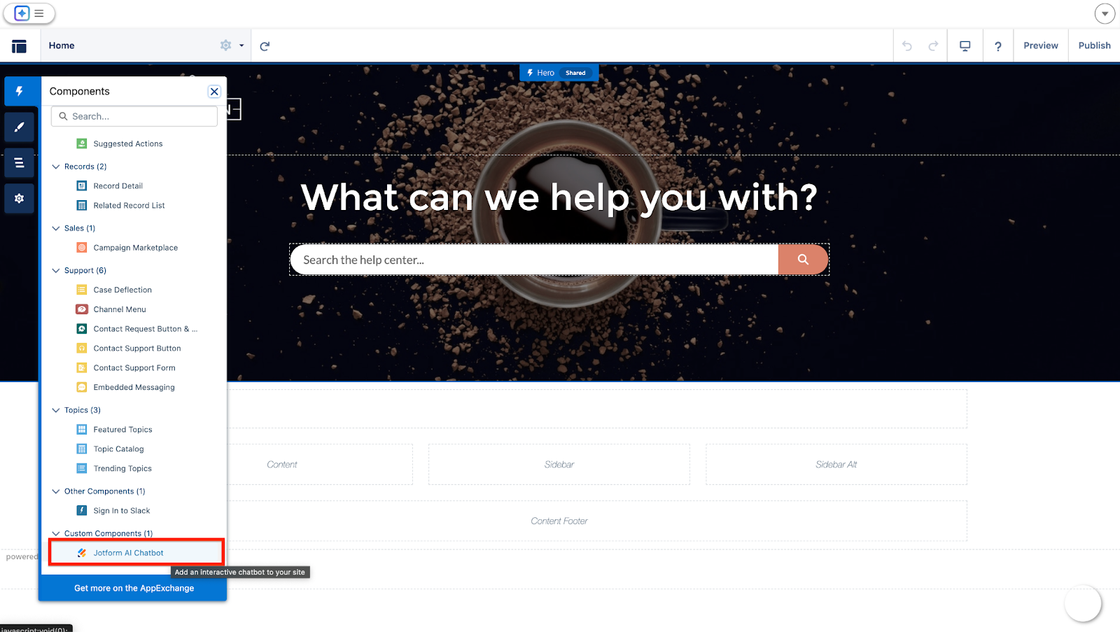 Clicking on the Jotform AI Chatbot option on the Components dropdown