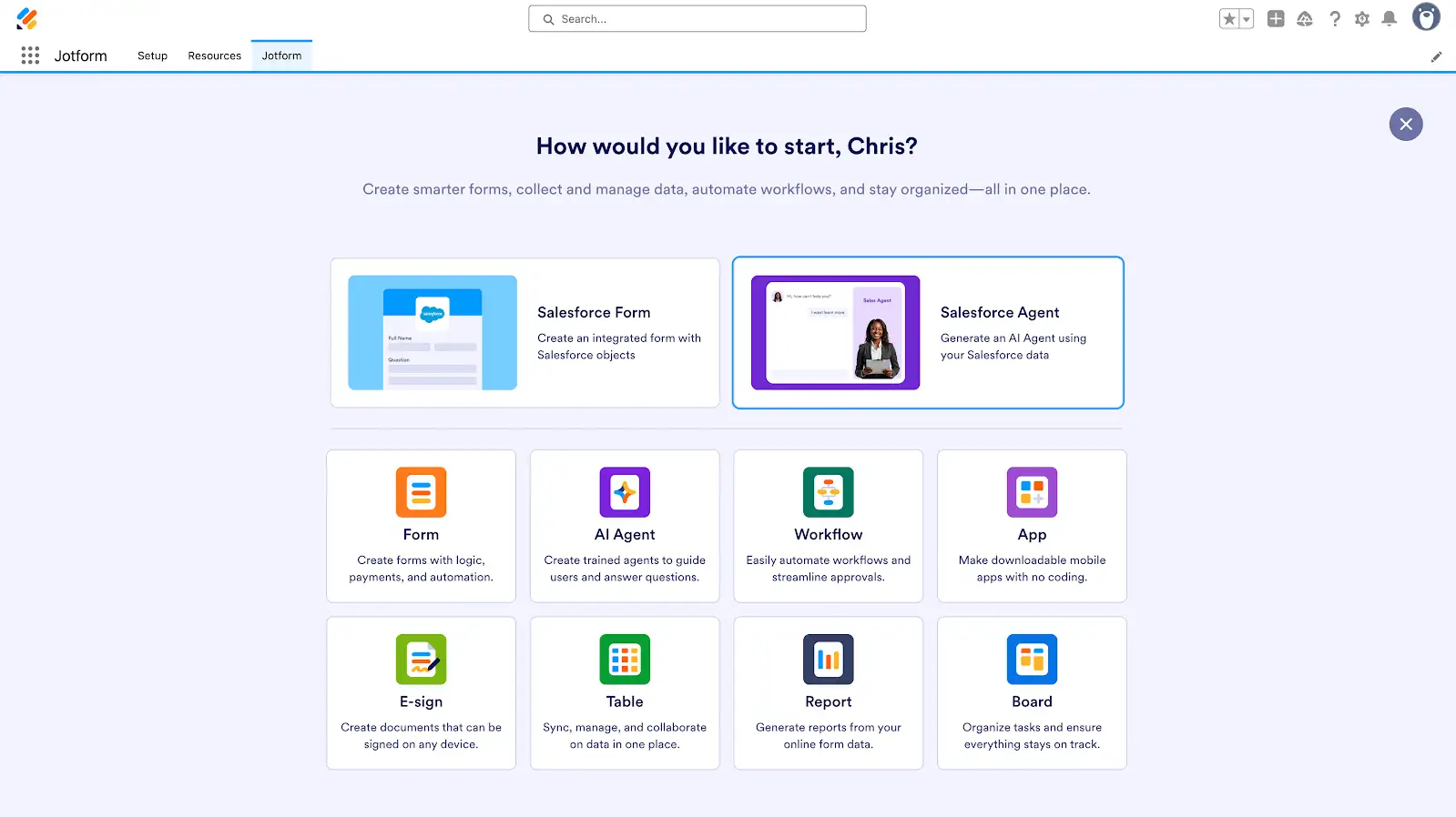 Clicking on the Salesforce Agent option on the My Workspace page on Jotform inside Salesforce