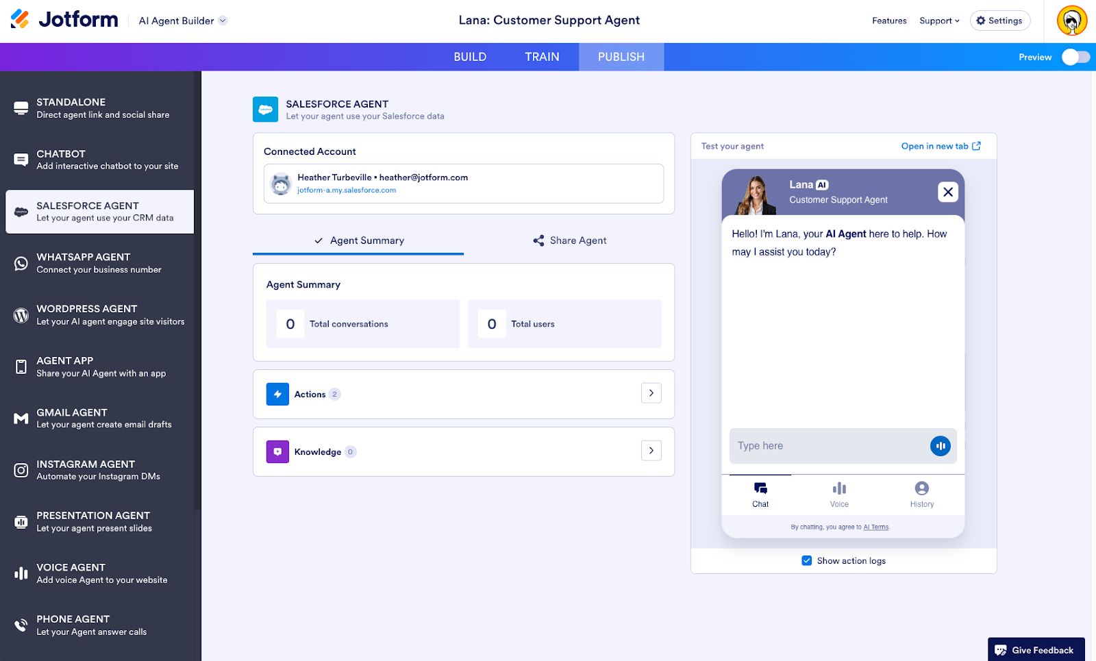 Viewing the Salesforce Agent page on the Publish tab on Jotform AI Agent Builder