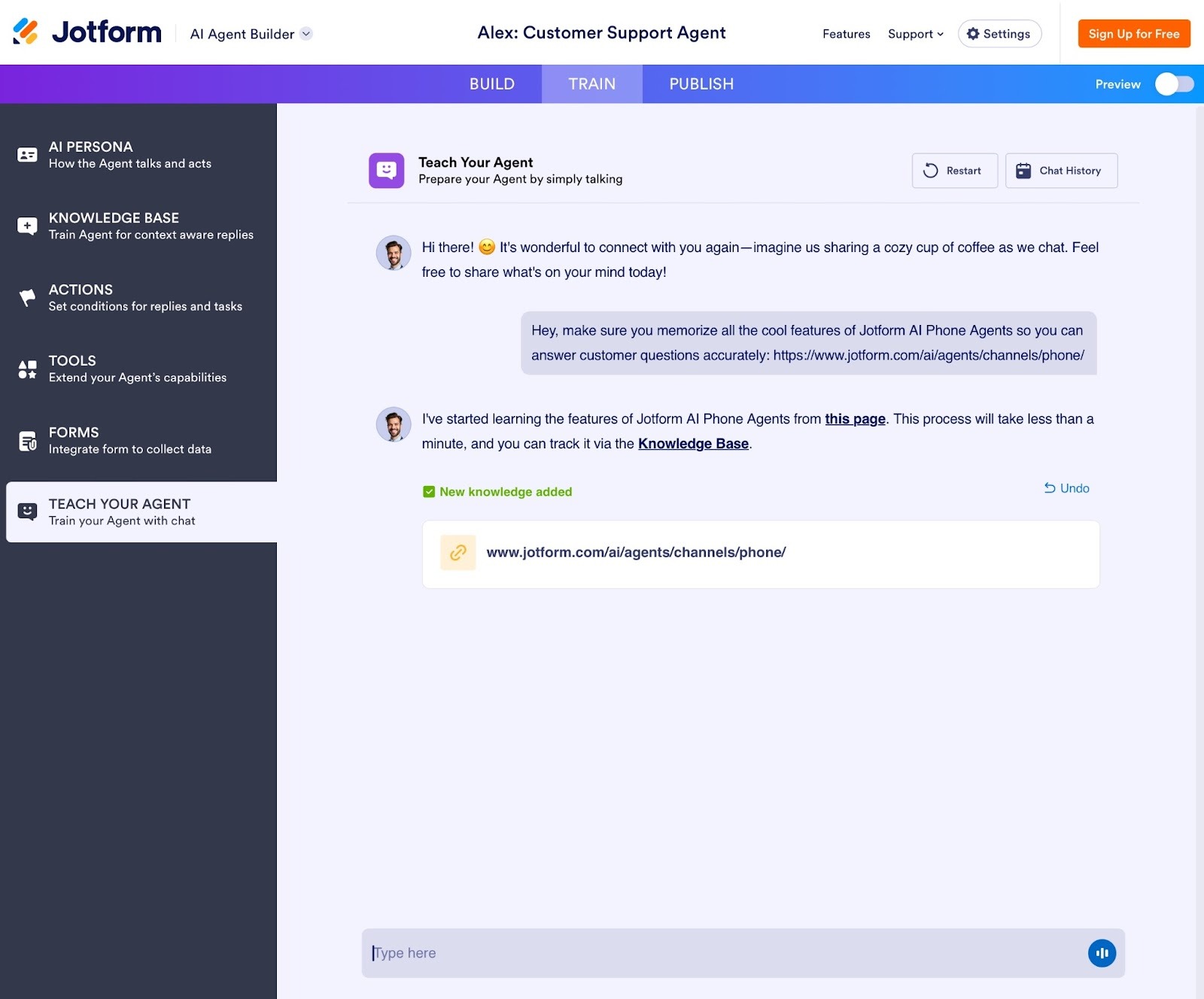 Viewing the Teach Your Agent option on the Train tab of the Jotform AI Agent Builder