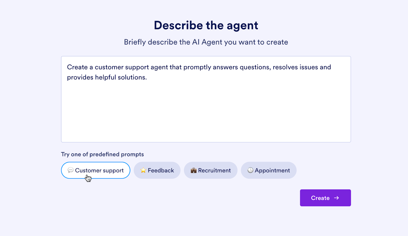 Screenshot of Jotform's AI Agent builder tool, with a field for describing the type of agent the user wants to create