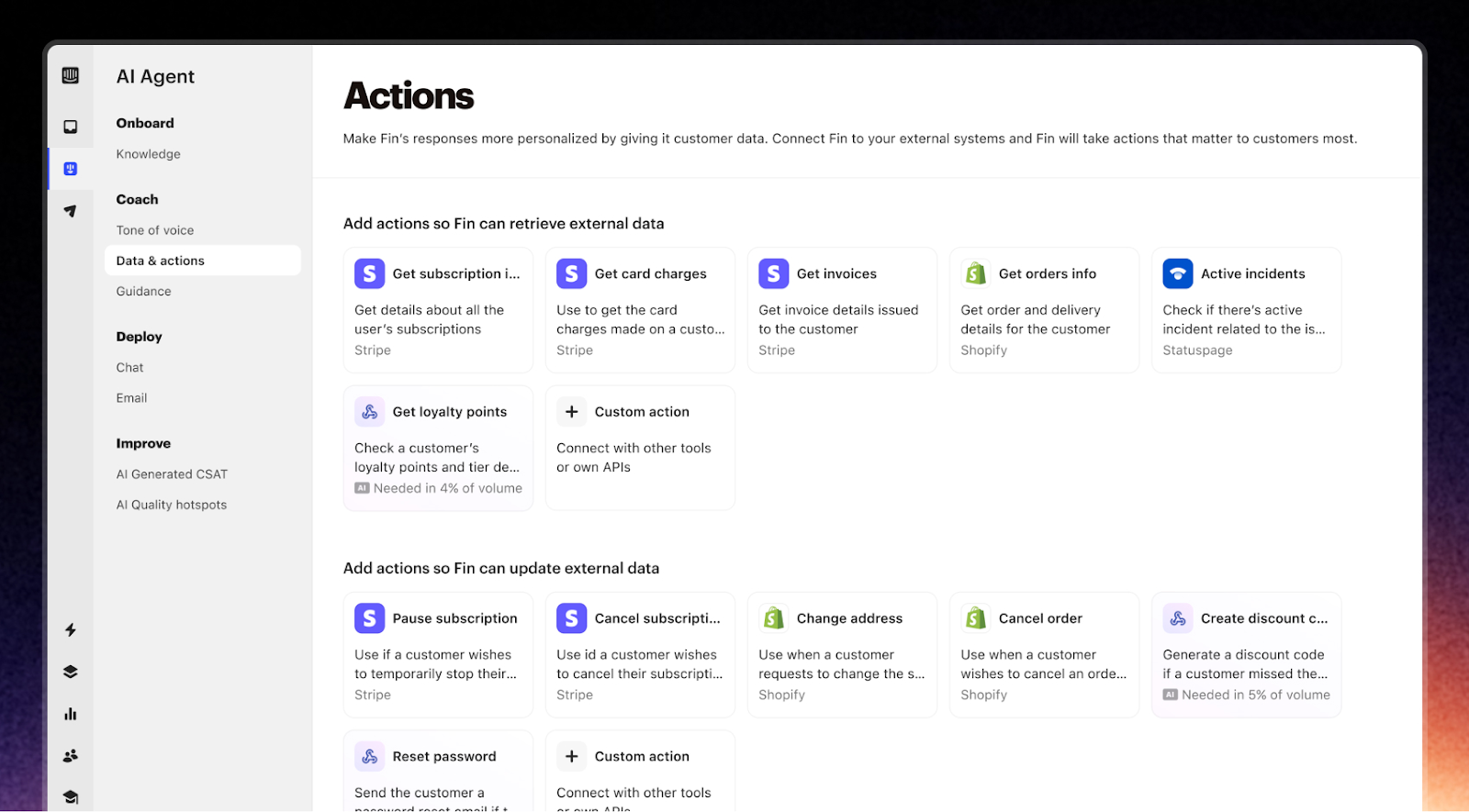 Screenshot of the Intercom user interface, showing a list of potential automated actions users can select to personalize the Fin AI Agent