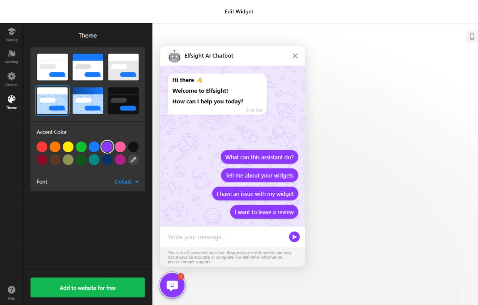 Screenshot of the Elfsight interface, showing user options for editing the Elfsight AI Chatbot with different themes, accent colors, and fonts