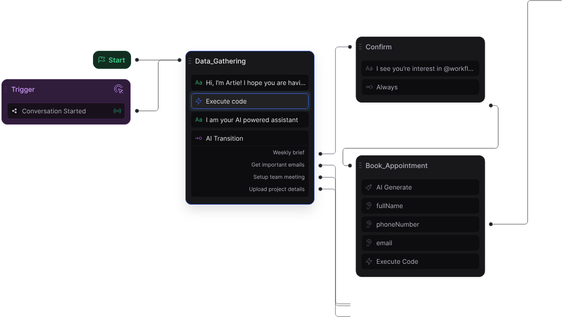 Screenshot of the Botpress interface, showing its drag-and-drop studio for building workflows