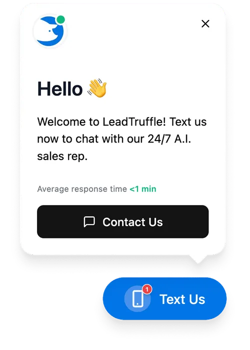 Screenshot from the LeadTruffle website showing an example of how the AI works with its own automated AI chatbot message inviting users to text now