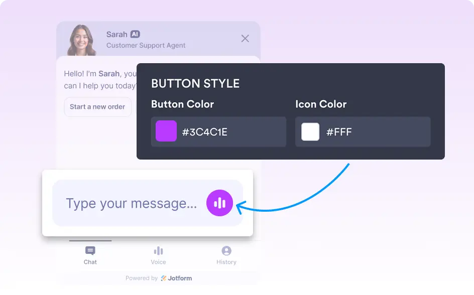 Screenshot from Jotform's Agent Customization interface, showing options for changing button and icon color
