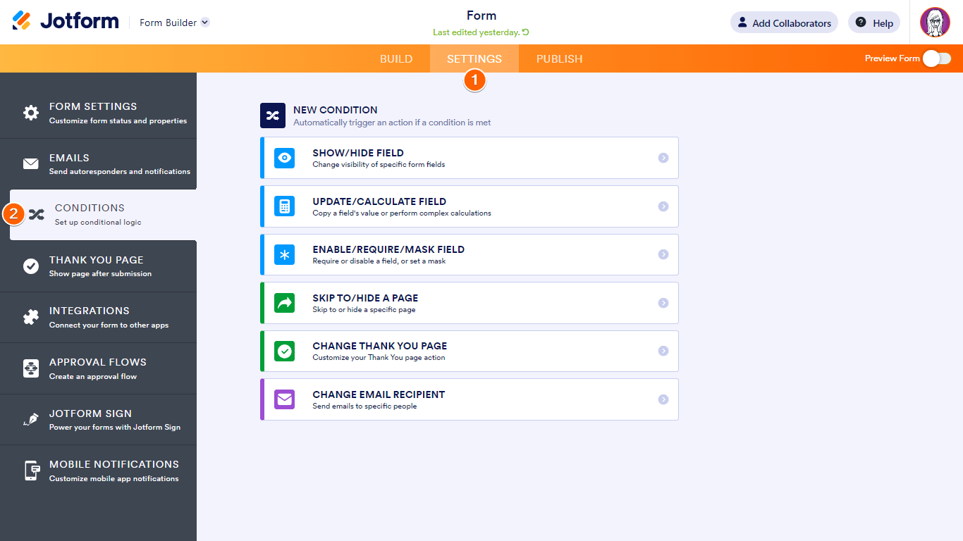 Screenshot of Jotform's Form Builder tool interface, showing how to set up conditional logic to tailor chatbot replies