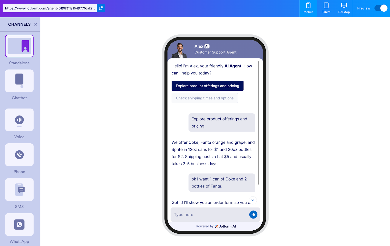 Jotform AI Agent Builder Interface