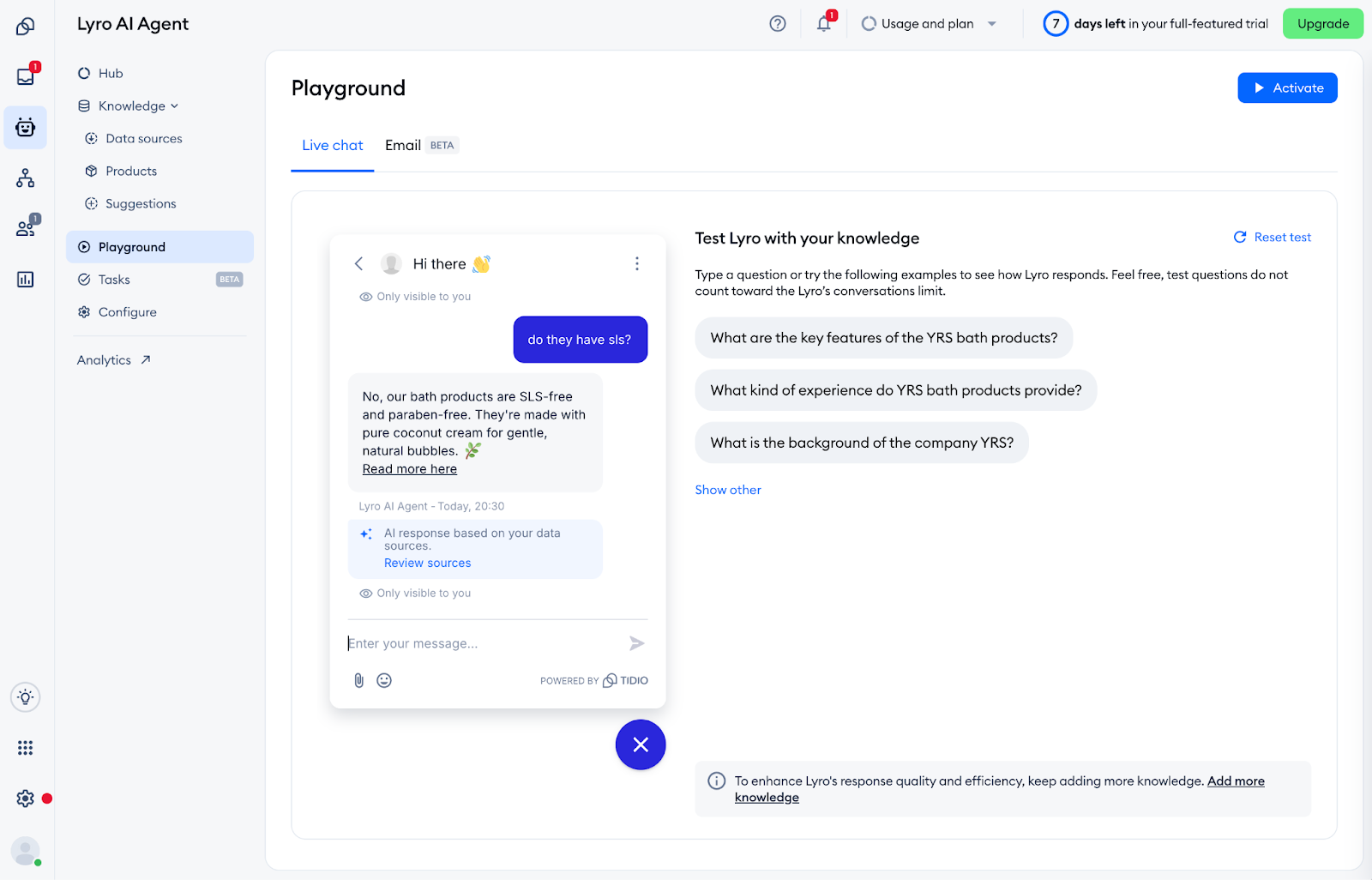 Lyro AI Agent Playground Page