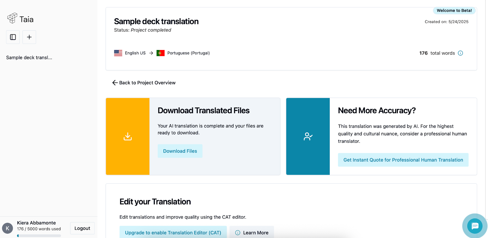 Benutzeroberfläche von Taia