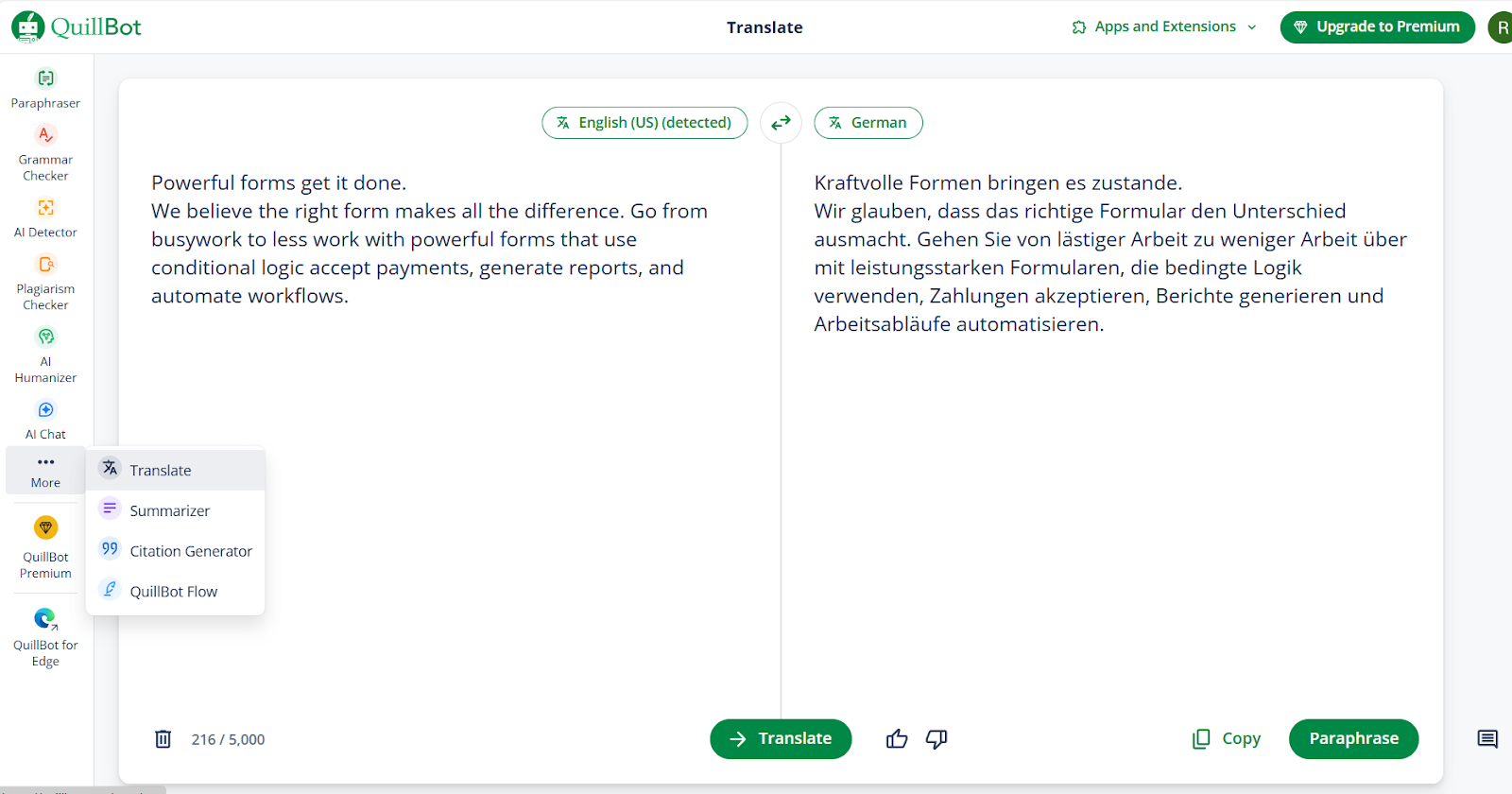 Benutzeroberfläche von QuillBot