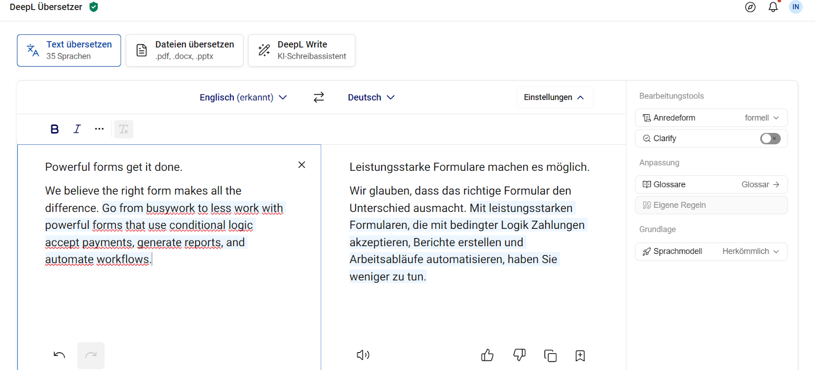 Dashboard von DeepL Übersetzer