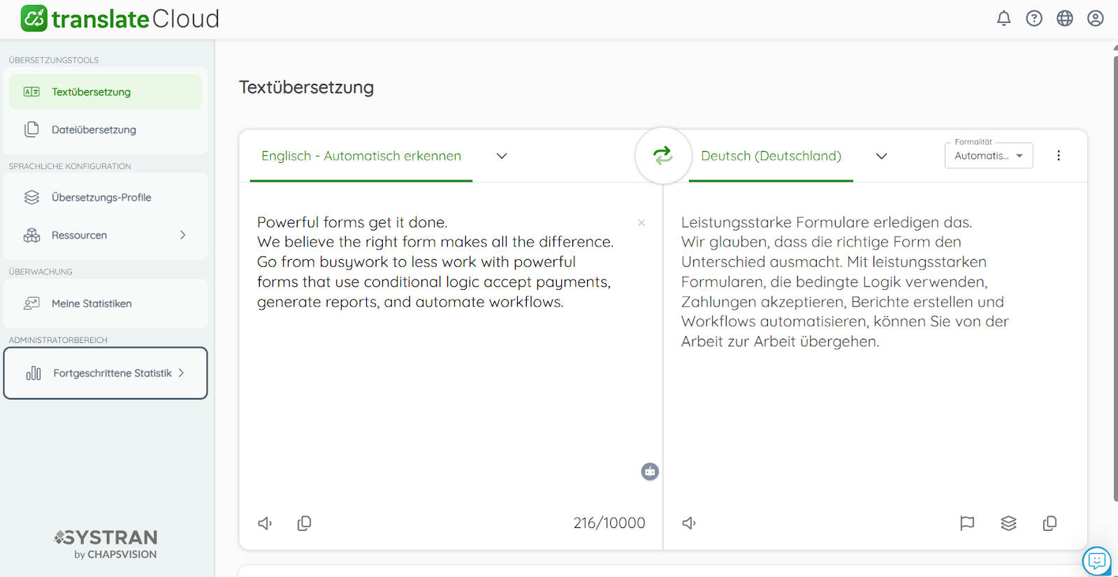 Benutzeroberfläche von SYSTRAN translate Pro
