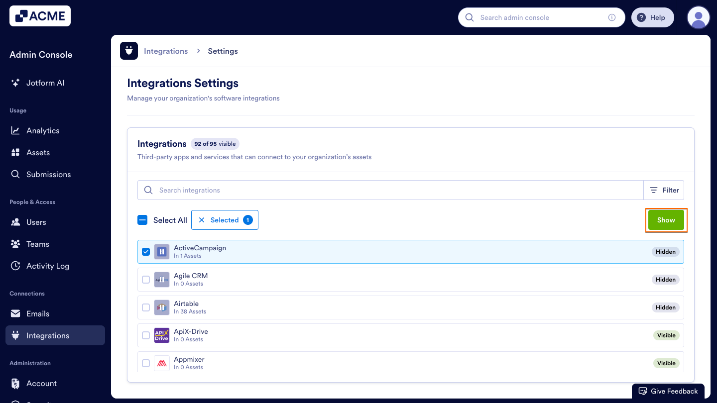How to Show or Hide Integrations in Your Organization from the Admin Console Image-13