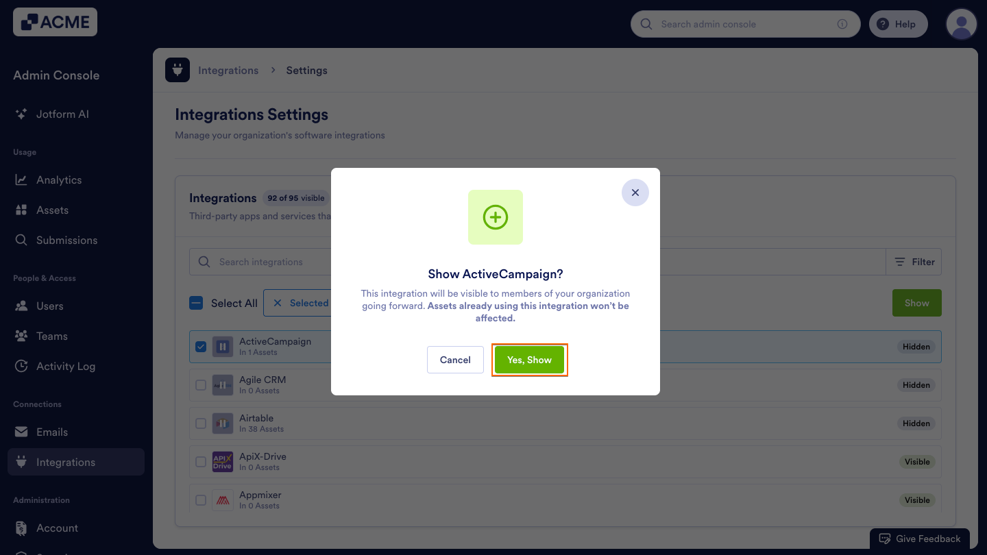 How to Show or Hide Integrations in Your Organization from the Admin Console Image-14