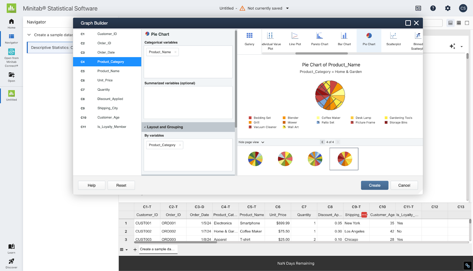 Screenshot of the Minitab platform interface, showing the menu of Graph Builder options along with a small AI-generated pie chart