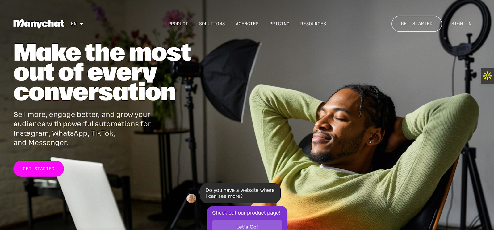 screenshot of manychat website homepage witht he words make the most out of every conversation