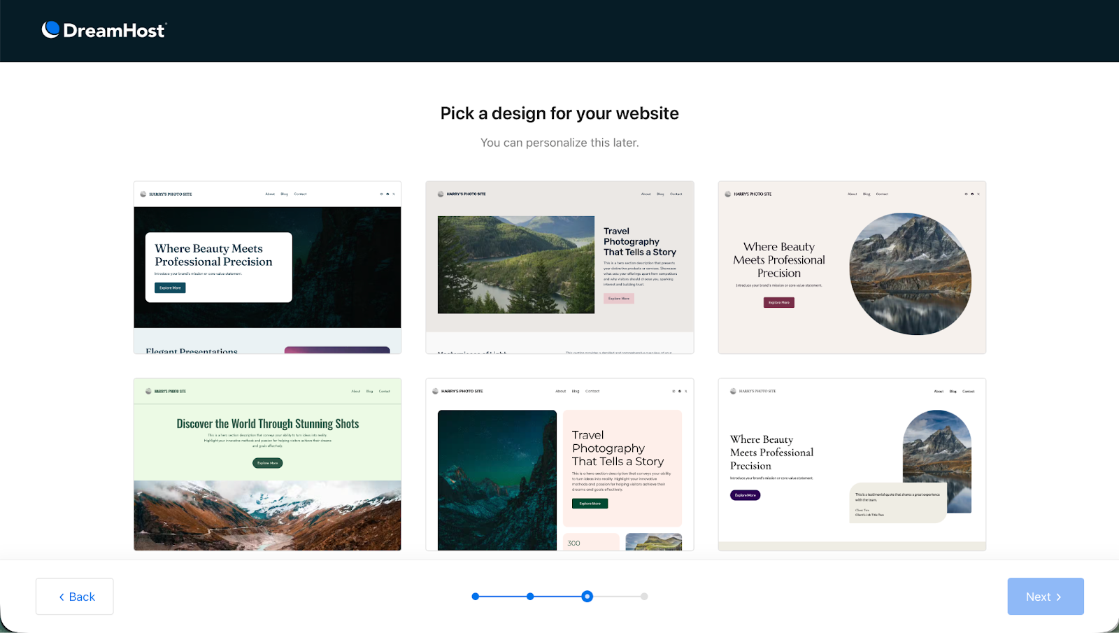 Screenshot of DreamHost AI website builder dashboard