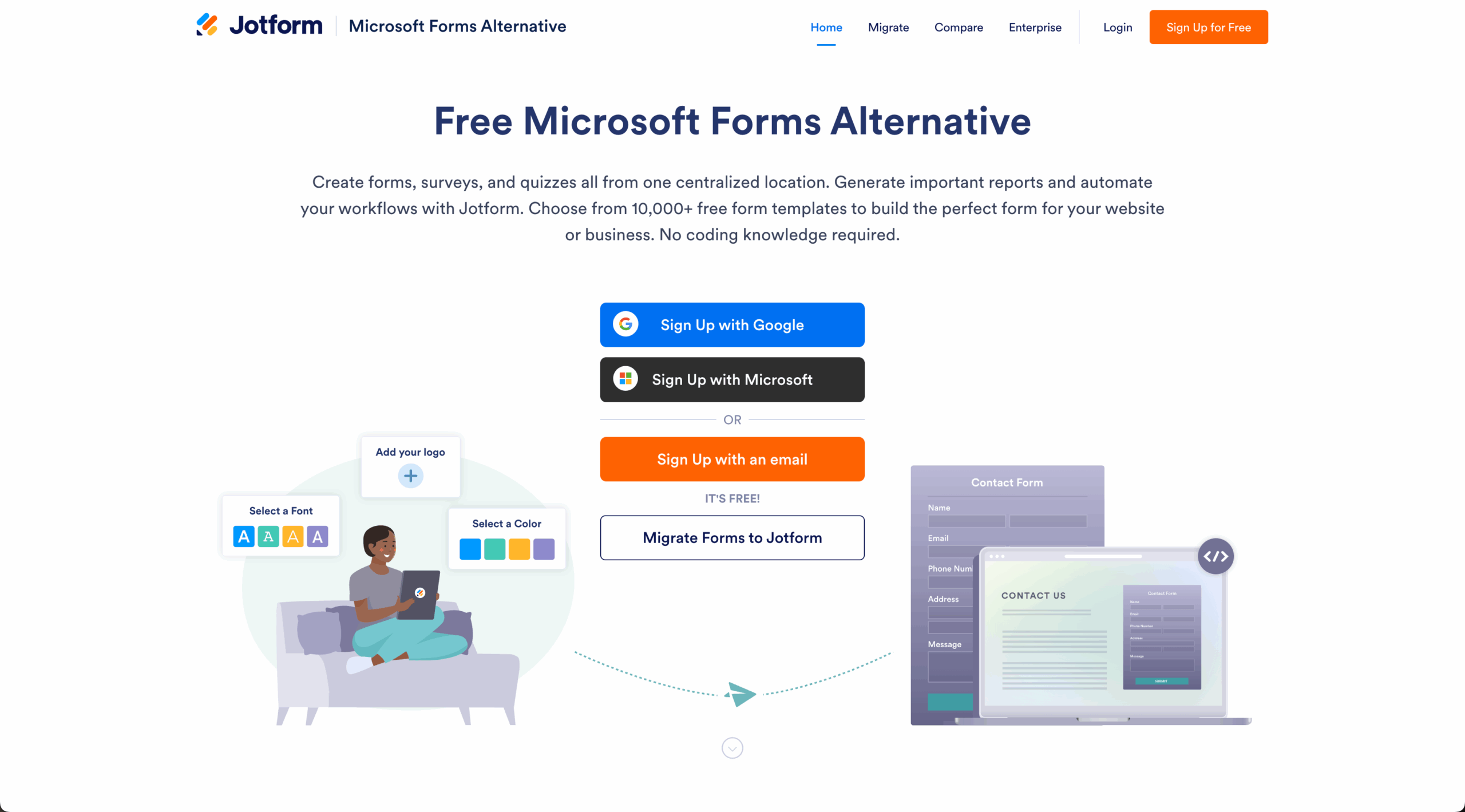 Jotform website with the words: "Free Microsoft Forms Alternative"