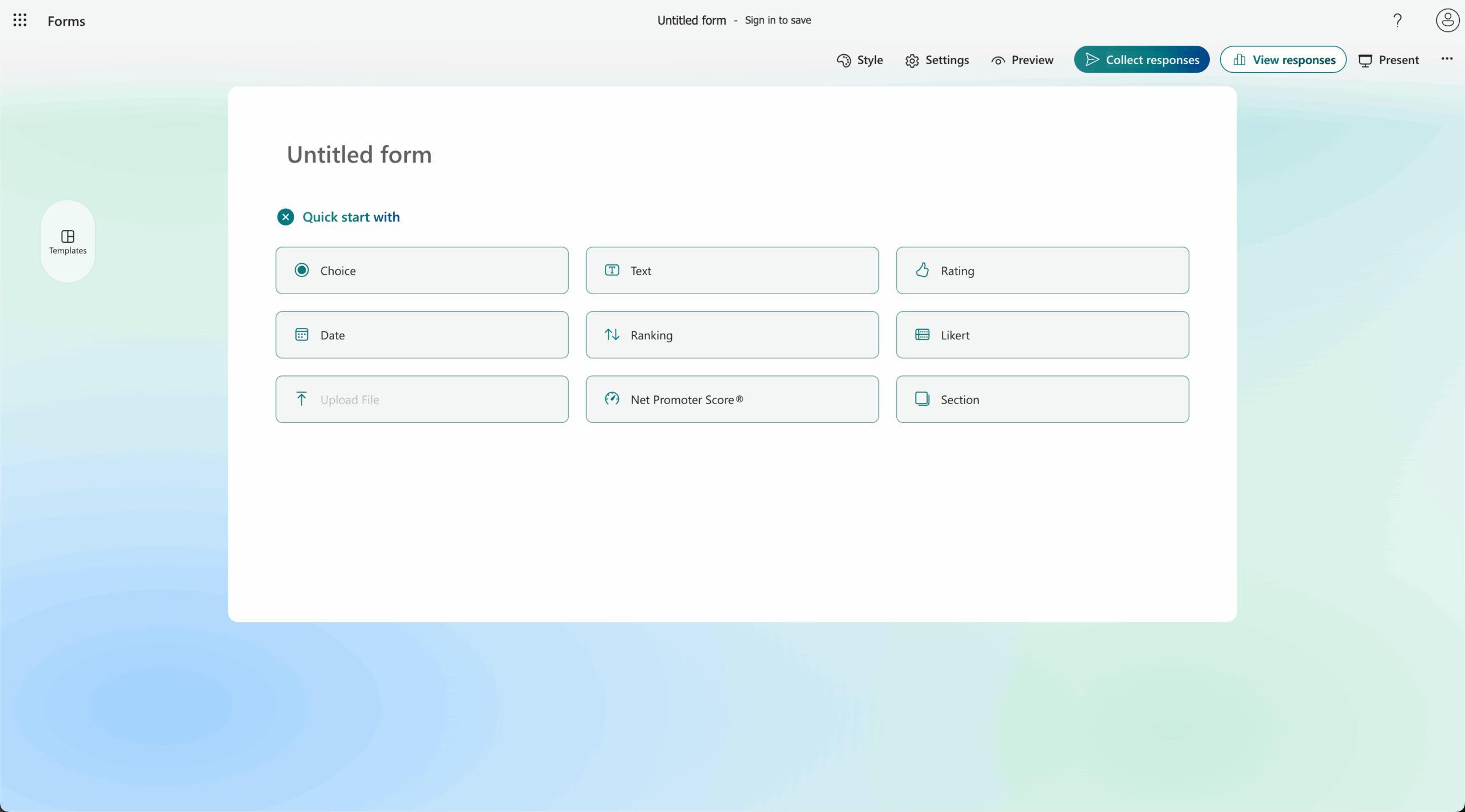 Microsoft Forms interface showing the "Quick start with" and "Text" options