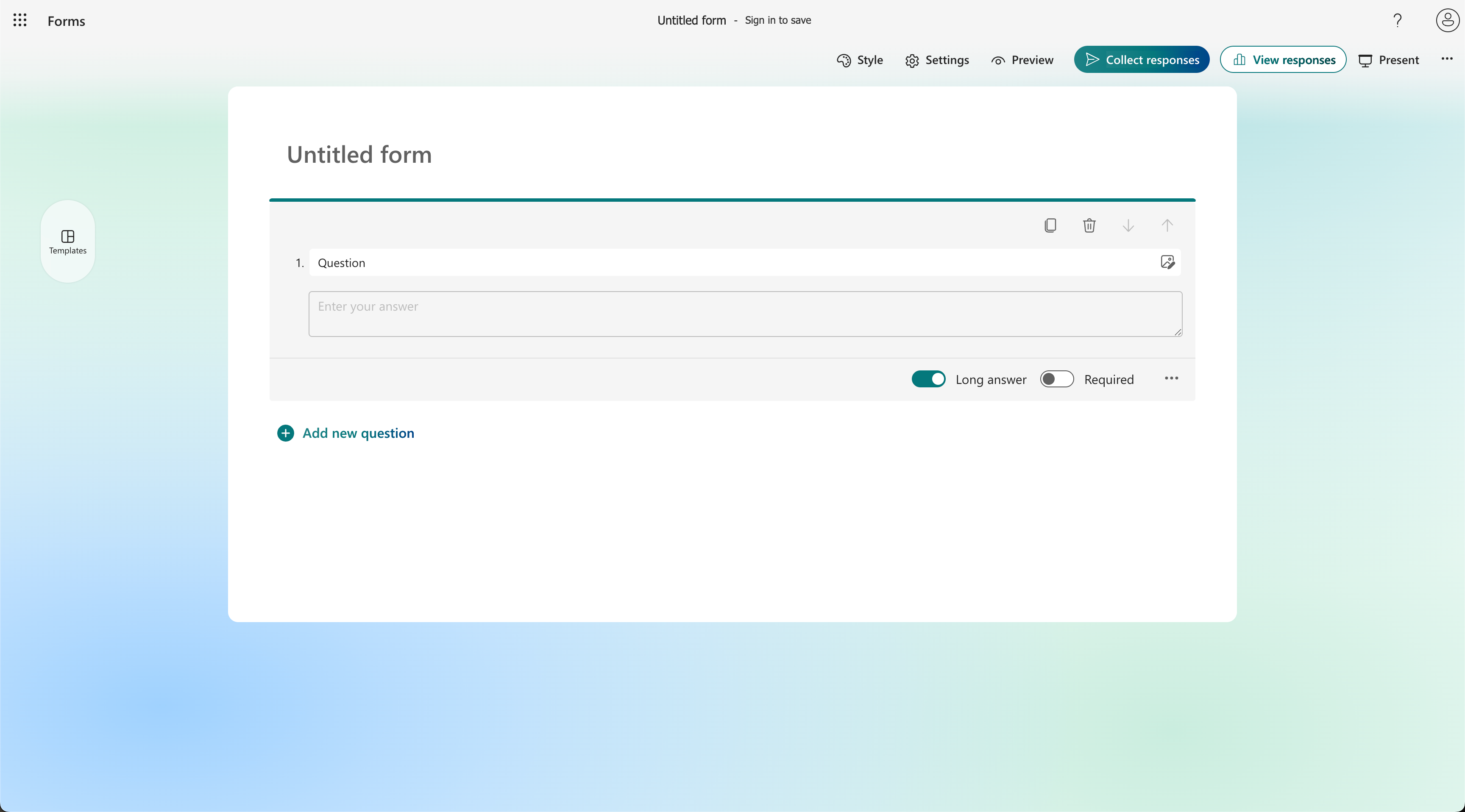 Microsoft Forms interface showing the "Long answer" toggle option