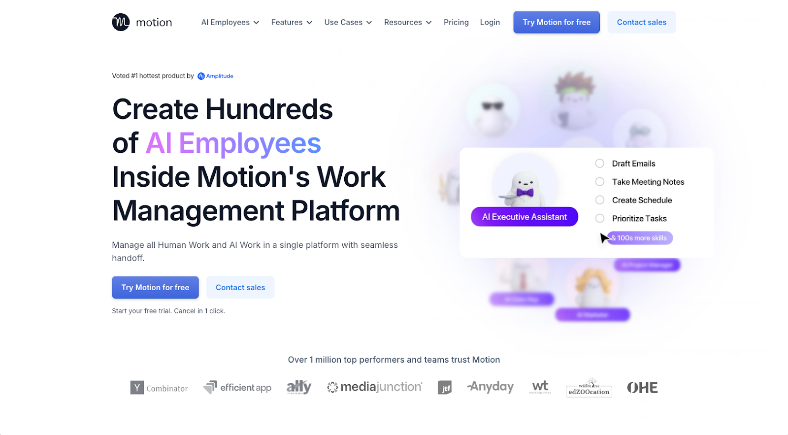 screenshot of AI scheduling assistant Motion's website homepage with the following words create hundreds of AI employees inside motion's work management platform