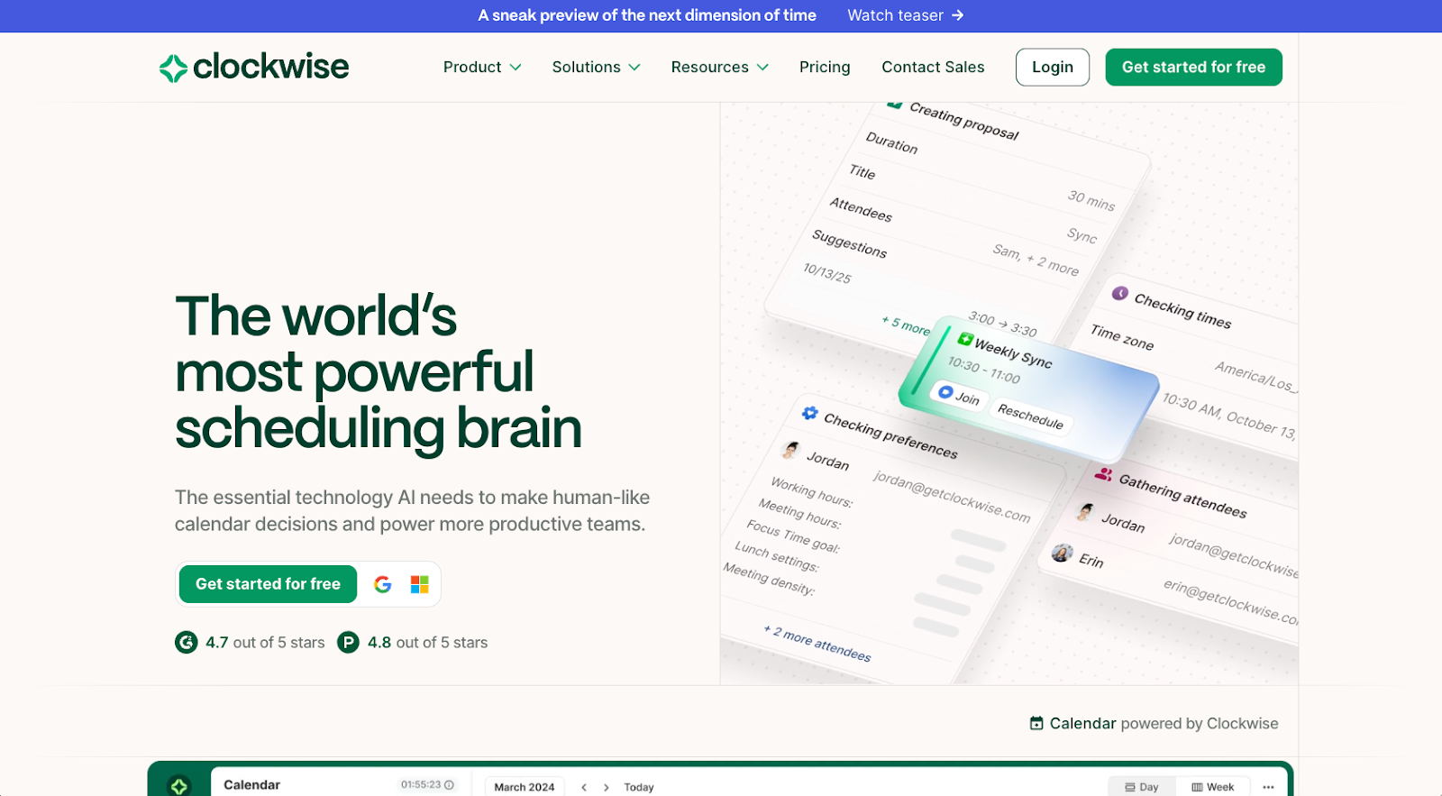 screenshot of clockwise website homepage with the words the world's most powerful scheduling brain