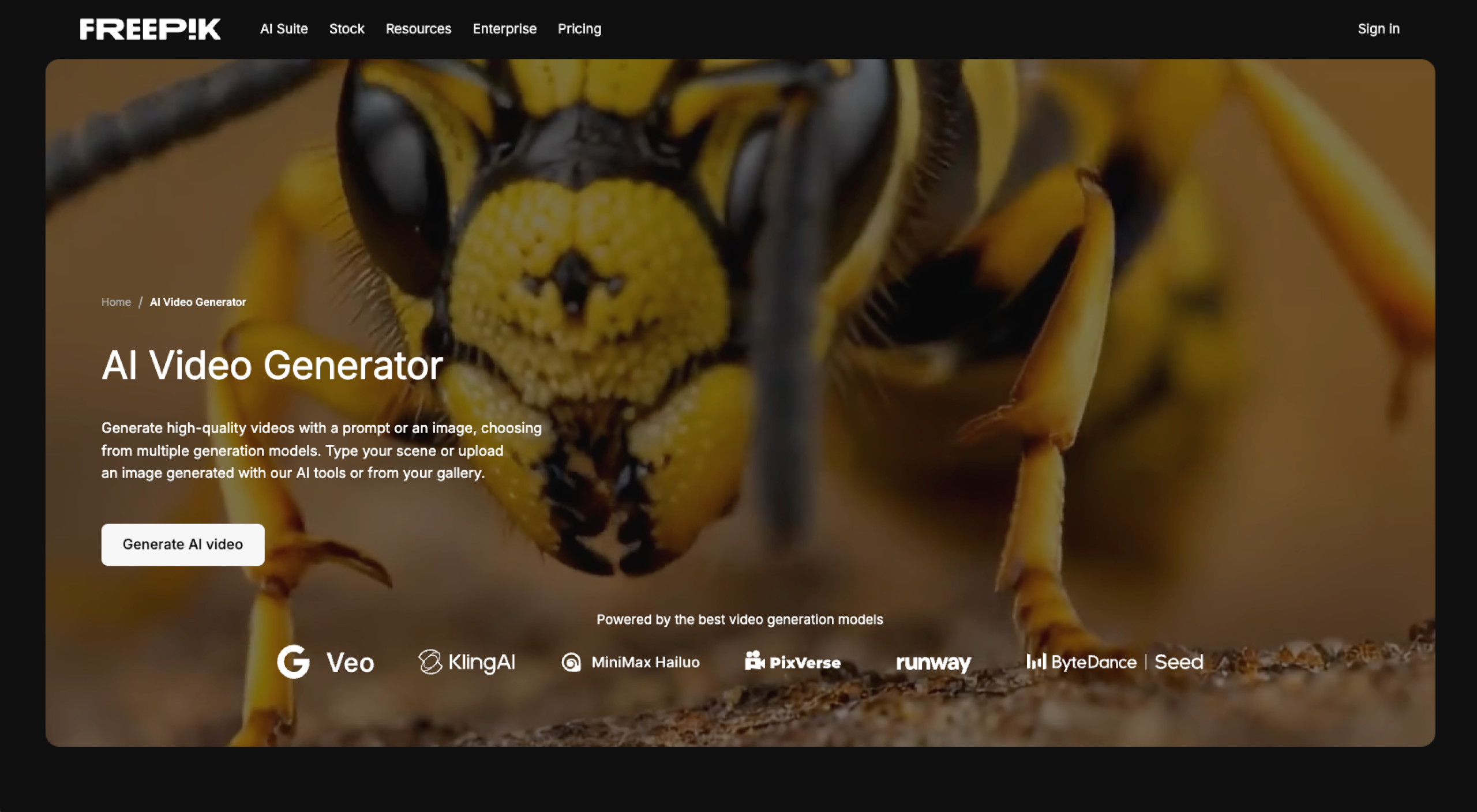 Freepik AI Video Generator Landing Page