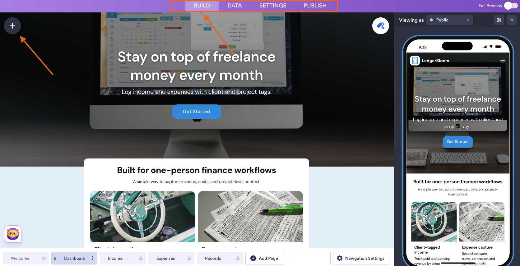 Viewing the Build, Data, Settings and Publish tabs at the top of the Jotform AI App Builder and clicking on the Add Elements button