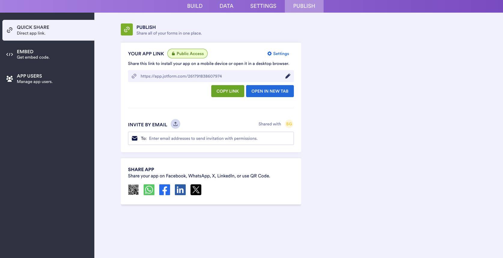 Viewing the options under the Publish tab