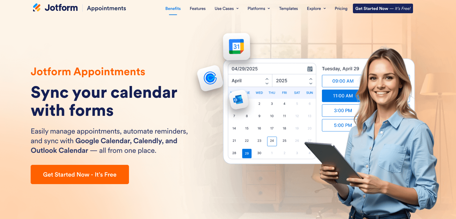 screenshot of Jotform appointments landing page with the words sync your calendar with forms