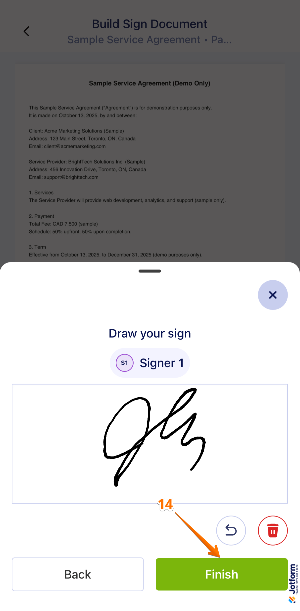 Signer drawing their signature and tapping Finish in the Jotform Sign Mobile App