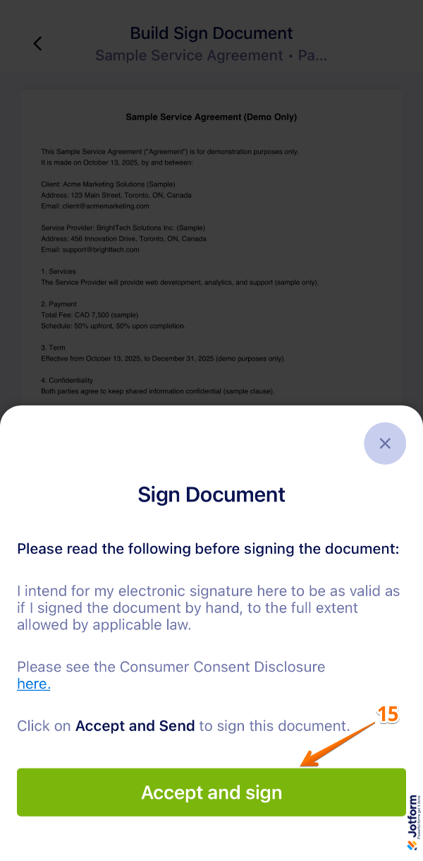 Tapping Accept and Sign to complete the in-person signing in the Jotform Sign Mobile App