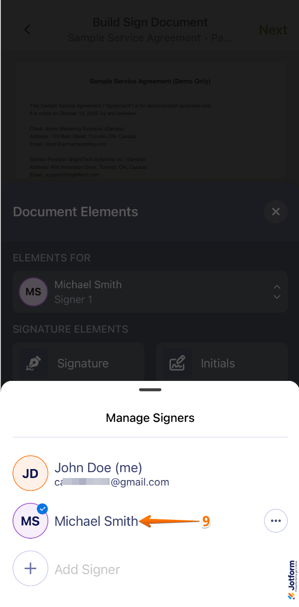 Selecting the newly added signer in the Jotform Sign Mobile App