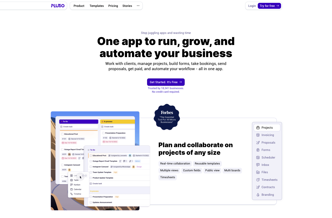 screenshot of plutio website homepage with the words one app to run, grow, and automate your business