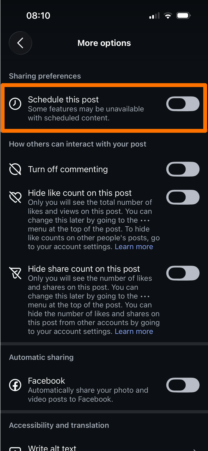 Instagram Post Creation More Options Menu "Schedule this post" feature
