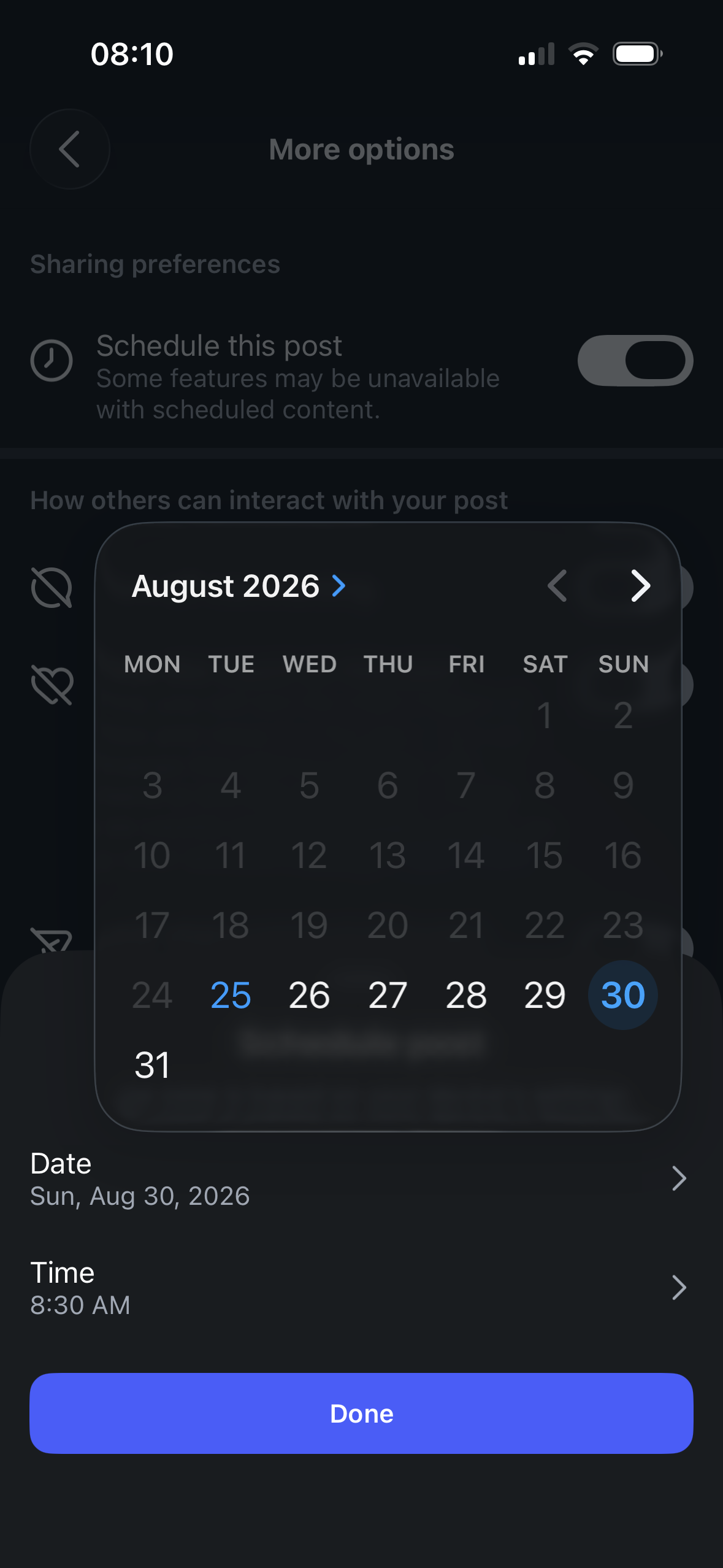 Instagram Post Creation More Options Menu "Schedule this post" feature Date Selection
