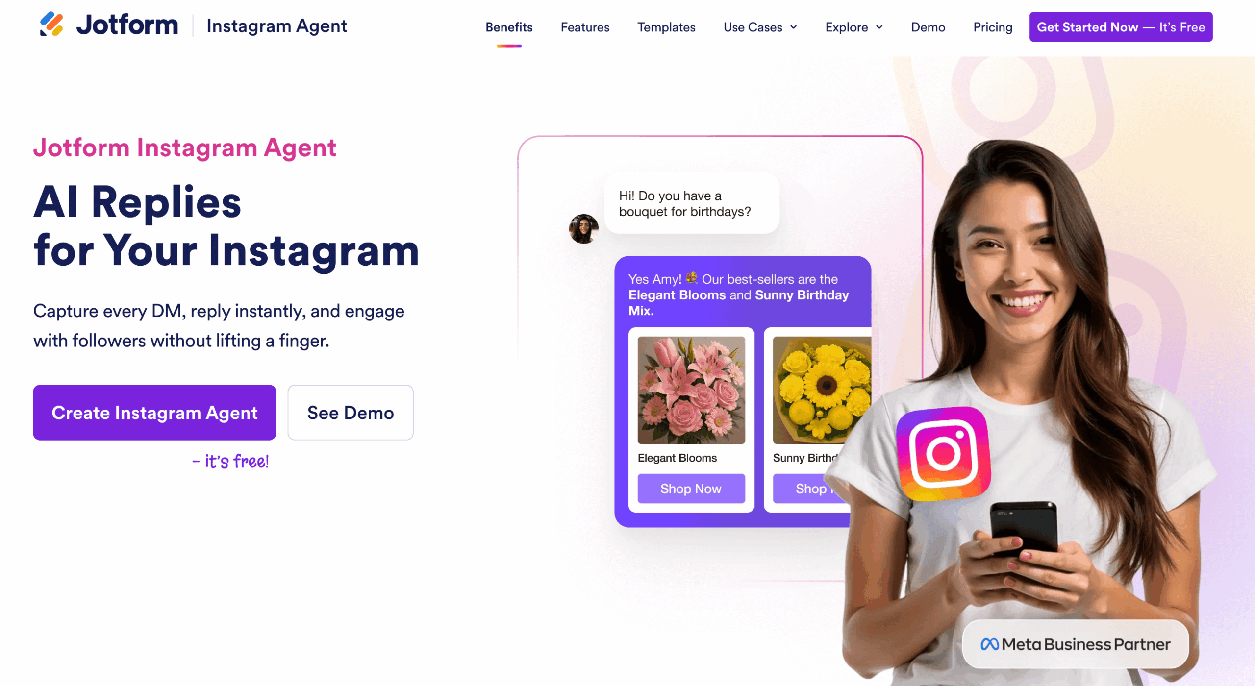 screenshot of Jotform Instagram Agent landing page with the words AI replies for your Instagram