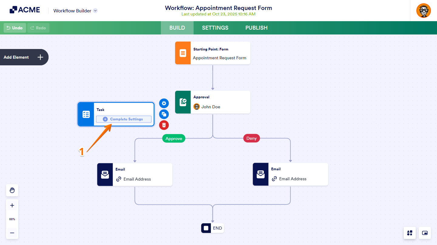 Complete Settings button on the Task element in Workflow Builder