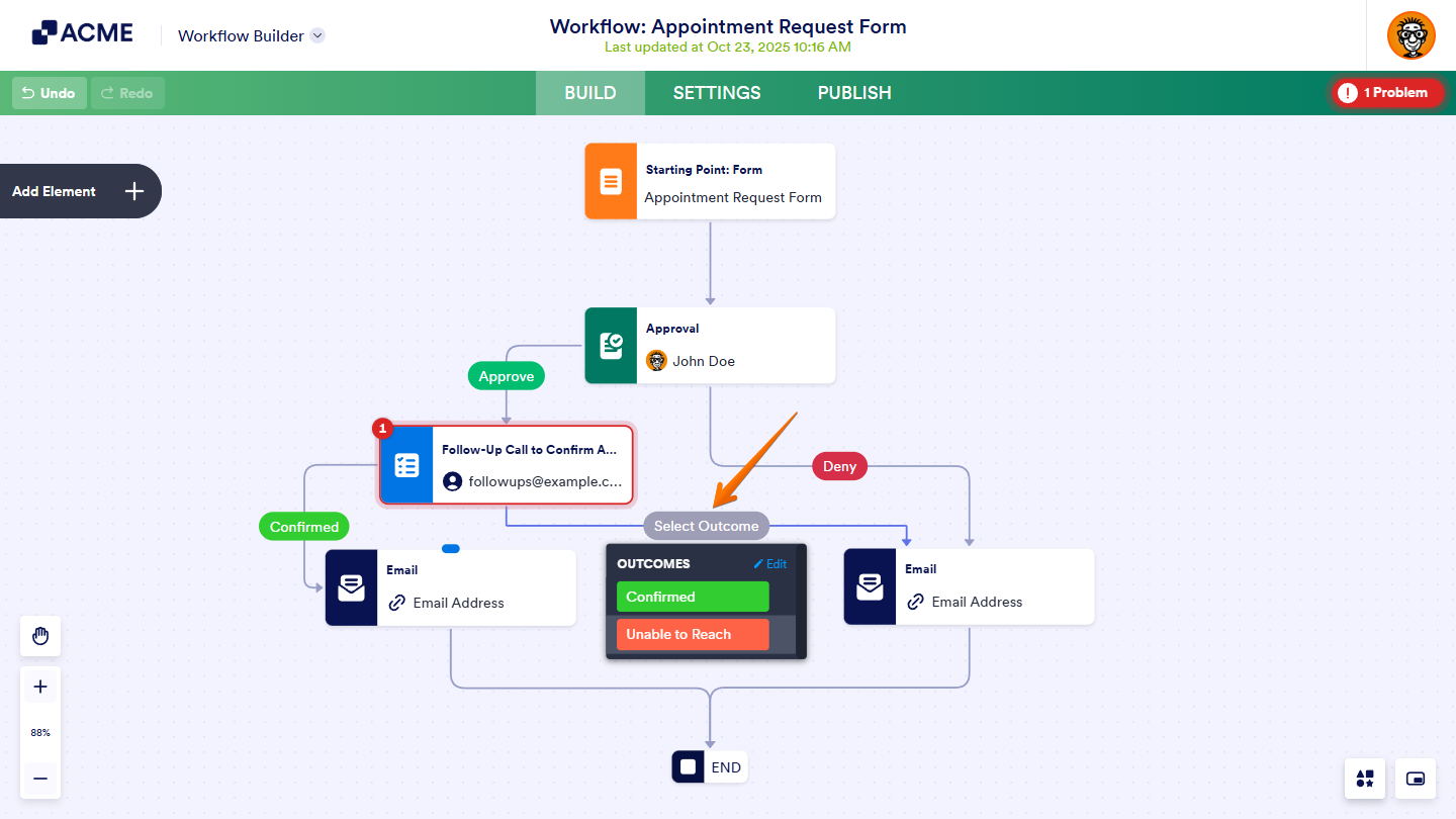 Outcomes menu of the Task element connector in Workflow Builder